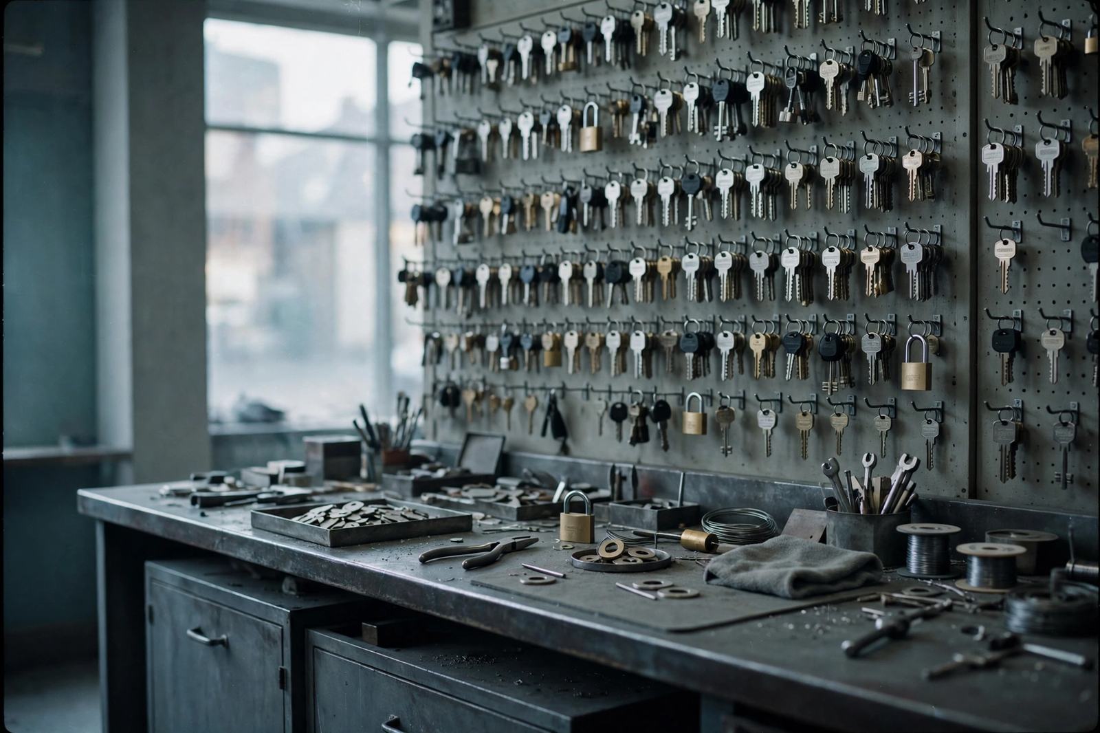A locksmith shop counter with a wall of keys behind it